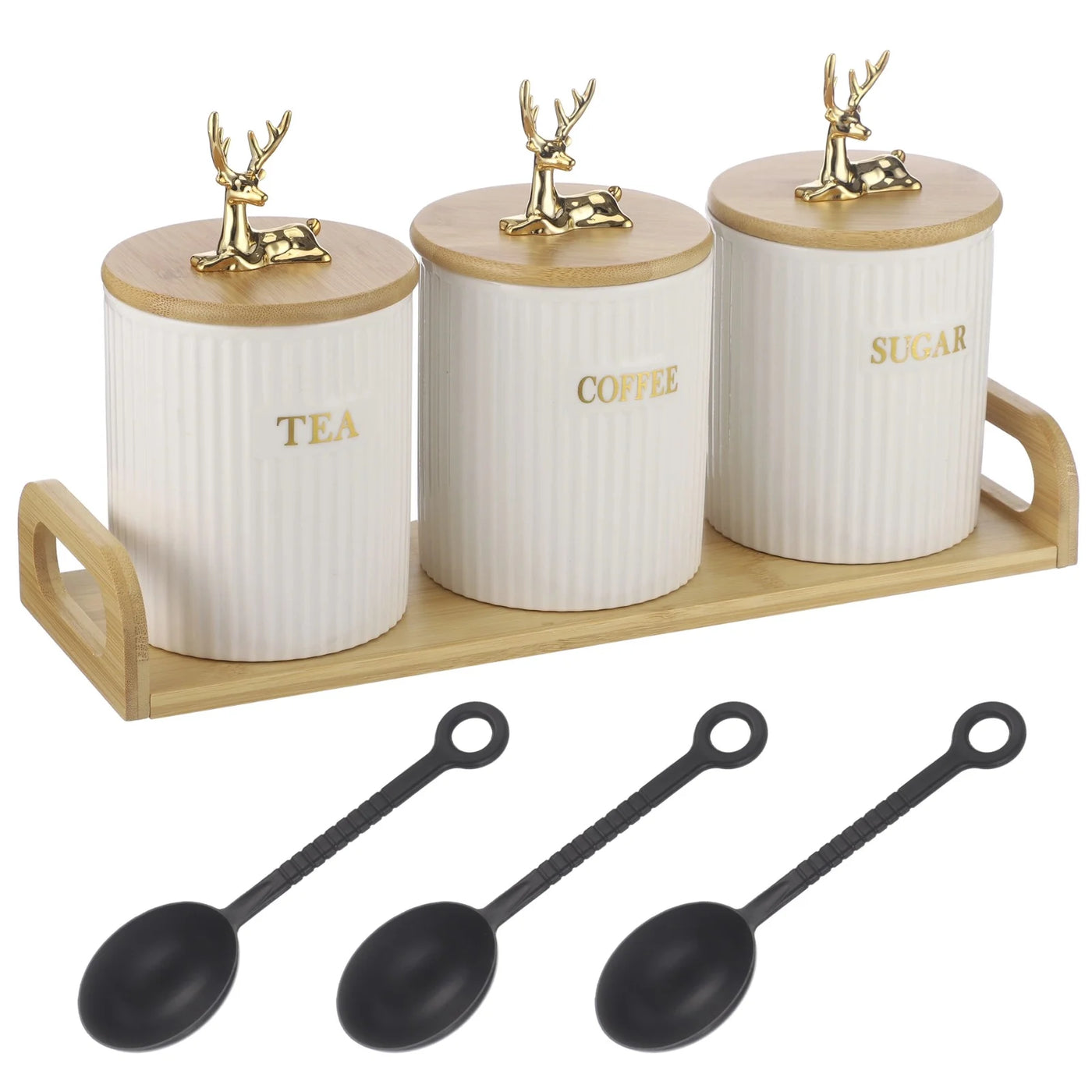 3-Piece Ceramic Canister Set, Ribbed Storage Containers with Golden Deer Wooden Lids, Labeled Sugar Coffee Tea