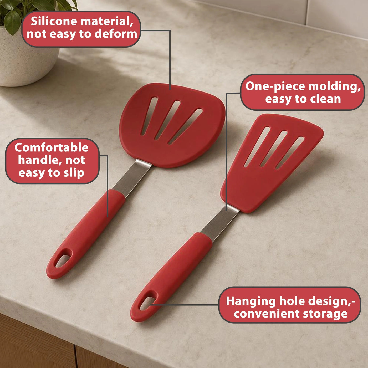2-Pack Silicone Slotted Spatula Set for Nonstick Cookware, Heat Resistant Kitchen Turner Set for Frying, Cooking and Serving, Red