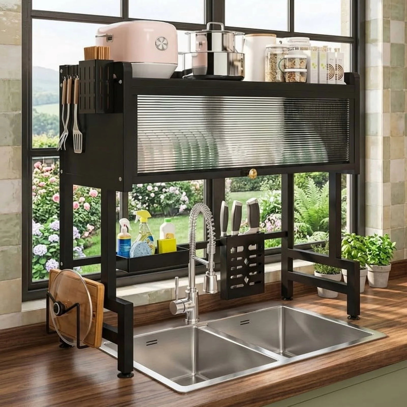 Over The Sink Dish Drying Rack, 3-Tier Carbon Steel Kitchen Storage Cabinet with Cover, Heavy-duty Large Capacity Dish Drain Shelf for Kitchen Sink