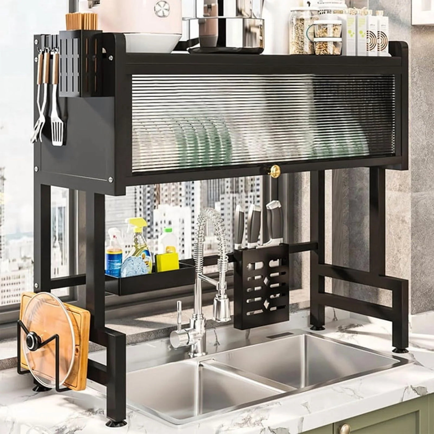 Over The Sink Dish Drying Rack, 3-Tier Carbon Steel Kitchen Storage Cabinet with Cover, Heavy-duty Large Capacity Dish Drain Shelf for Kitchen Sink
