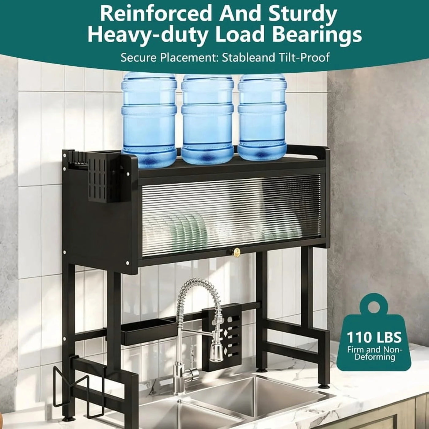 Over The Sink Dish Drying Rack, 3-Tier Carbon Steel Kitchen Storage Cabinet with Cover, Heavy-duty Large Capacity Dish Drain Shelf for Kitchen Sink