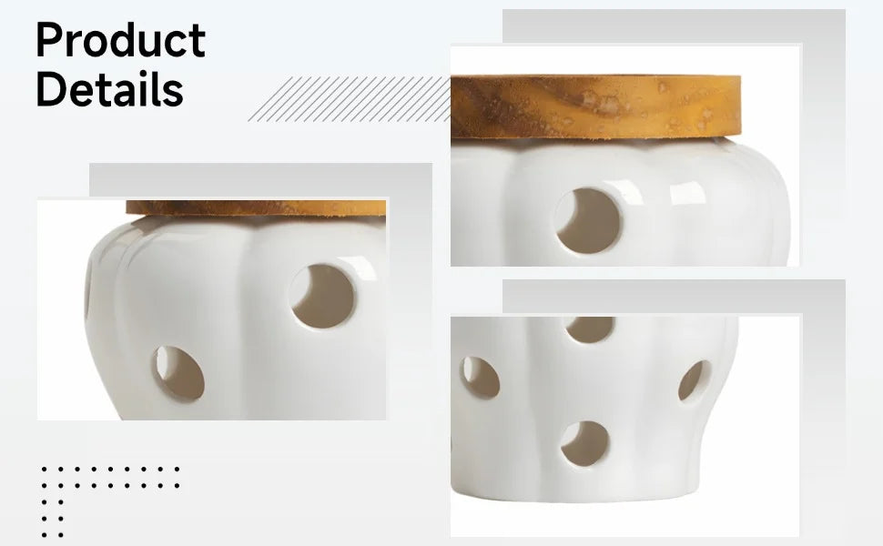 White Ceramic Garlic Keeper Jar Container, 4.4 X 3.7 in / 11.2 X 9.5 Cm Food Storage with 12 Vents and Wood Lid