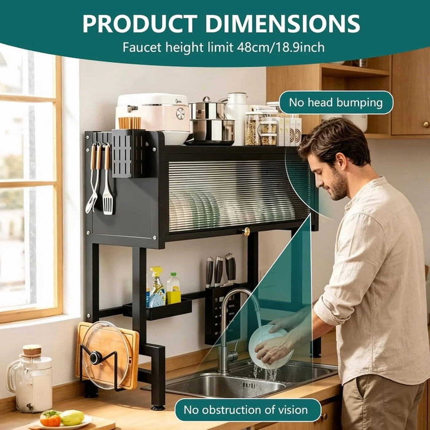 Over The Sink Dish Drying Rack, 3-Tier Carbon Steel Kitchen Storage Cabinet with Cover, Heavy-duty Large Capacity Dish Drain Shelf for Kitchen Sink