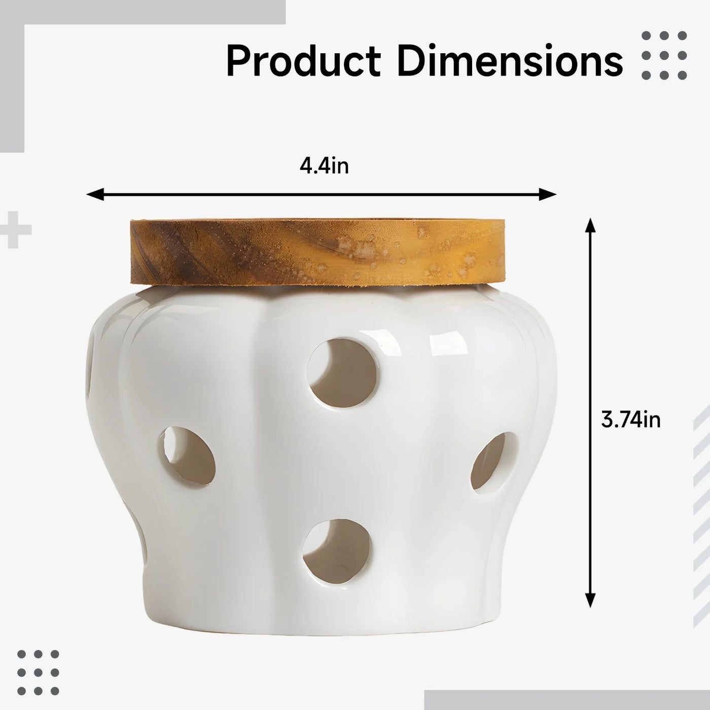 White Ceramic Garlic Keeper Jar Container, 4.4 X 3.7 in / 11.2 X 9.5 Cm Food Storage with 12 Vents and Wood Lid