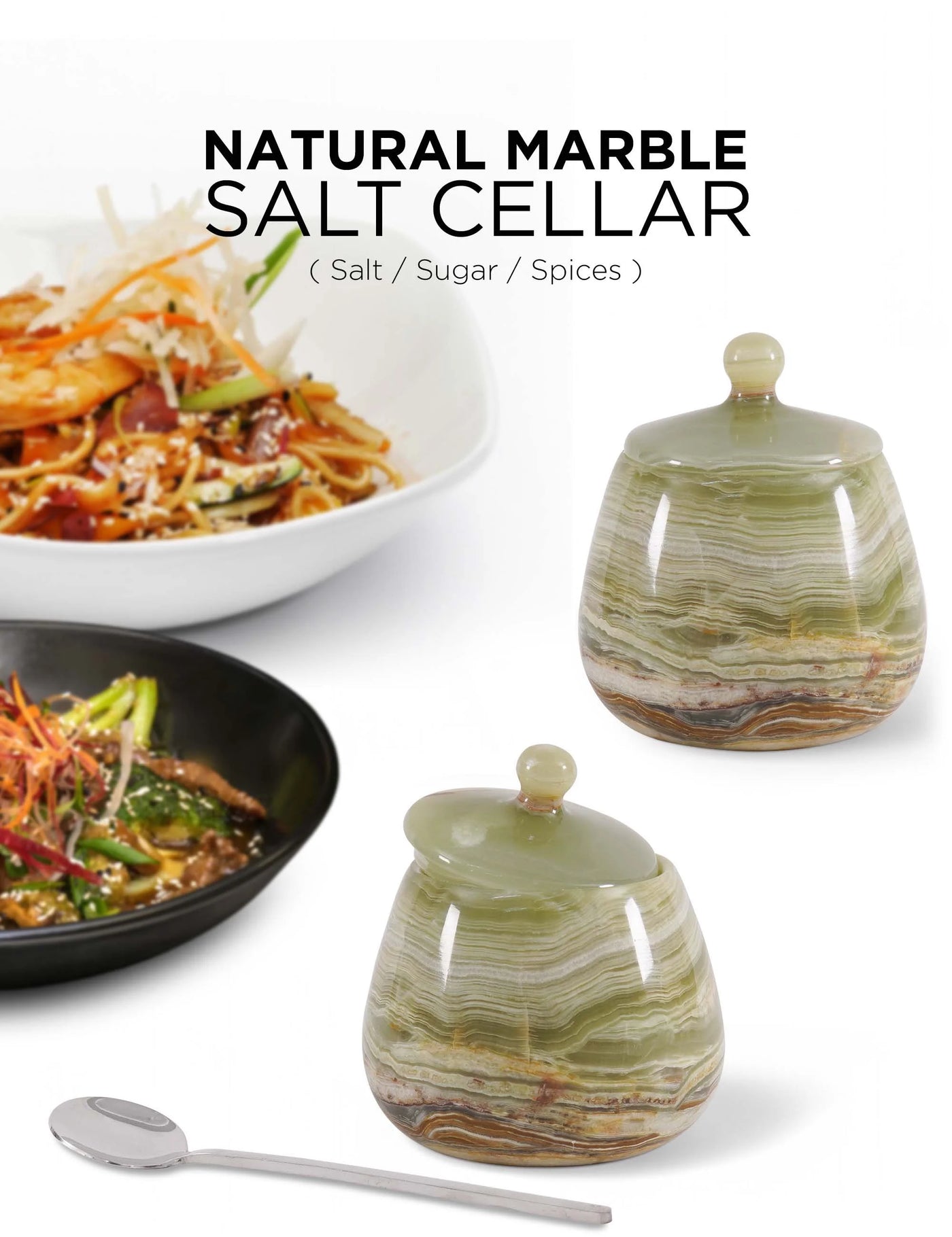 Marble Salt Cellar with Lid 4.5 Inch Green Onyx Salt Jar and Table Salt Storage for Kitchen Countertop, Ideal Salt Container