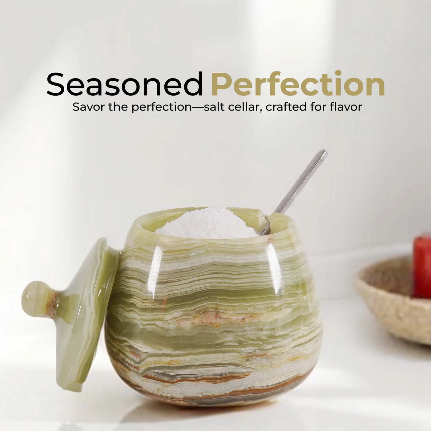Marble Salt Cellar with Lid 4.5 Inch Green Onyx Salt Jar and Table Salt Storage for Kitchen Countertop, Ideal Salt Container