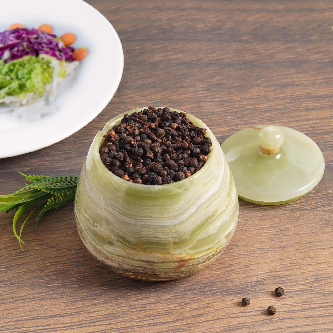 Marble Salt Cellar with Lid 4.5 Inch Green Onyx Salt Jar and Table Salt Storage for Kitchen Countertop, Ideal Salt Container