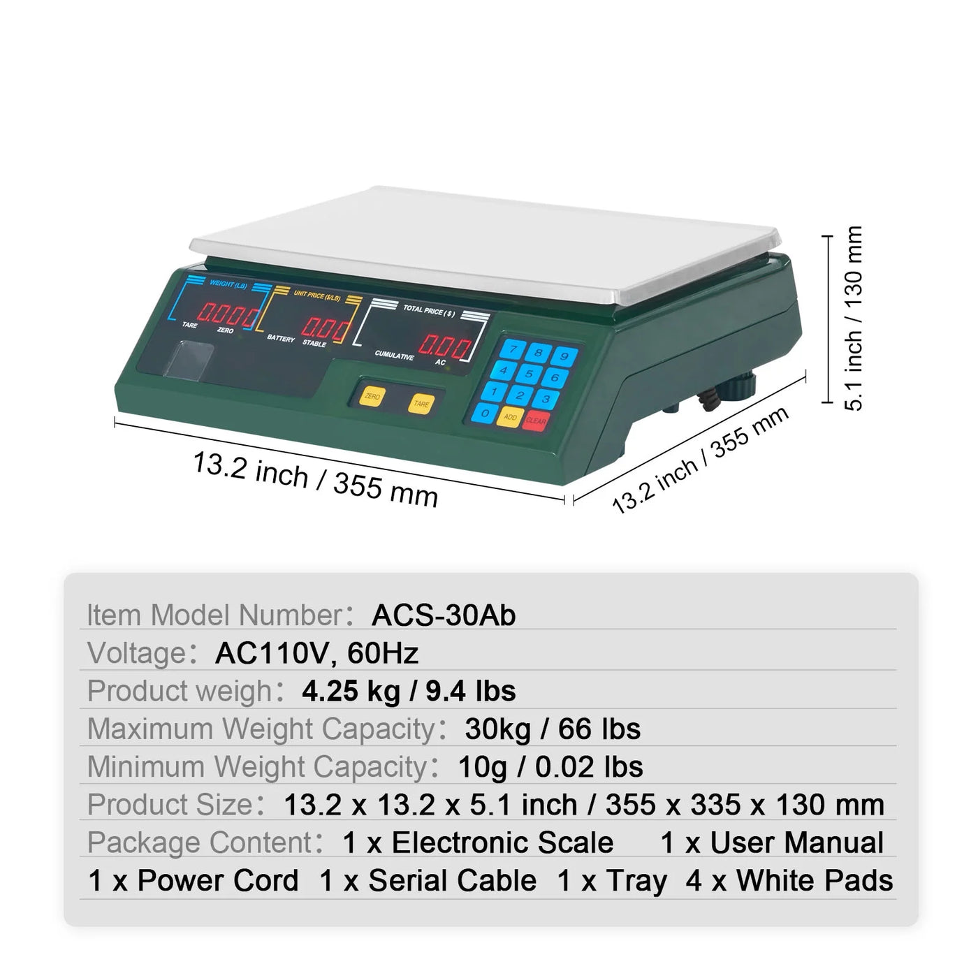 Kffkff 66Lbs 30KG Electronic Price Computing Scale Commercial Food Meat Weighting, for Accurate Kitchen, Food and Portion Weighing
