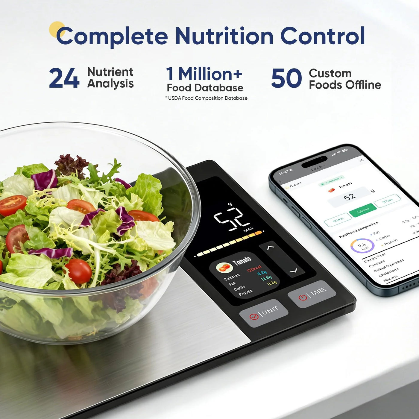Smart Food Scale with Nutritional Calculator, Free App with 24 Nutrients Tracking, Calorie, Macro, Premium Stainless Steel Digital Food Scale for Meal