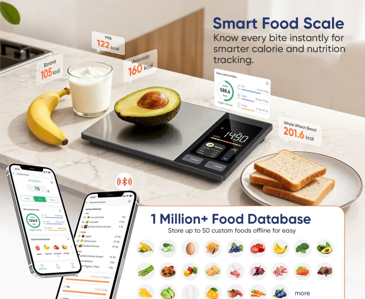 Smart Food Scale with Nutritional Calculator, Free App with 24 Nutrients Tracking, Calorie, Macro, Premium Stainless Steel Digital Food Scale for Meal
