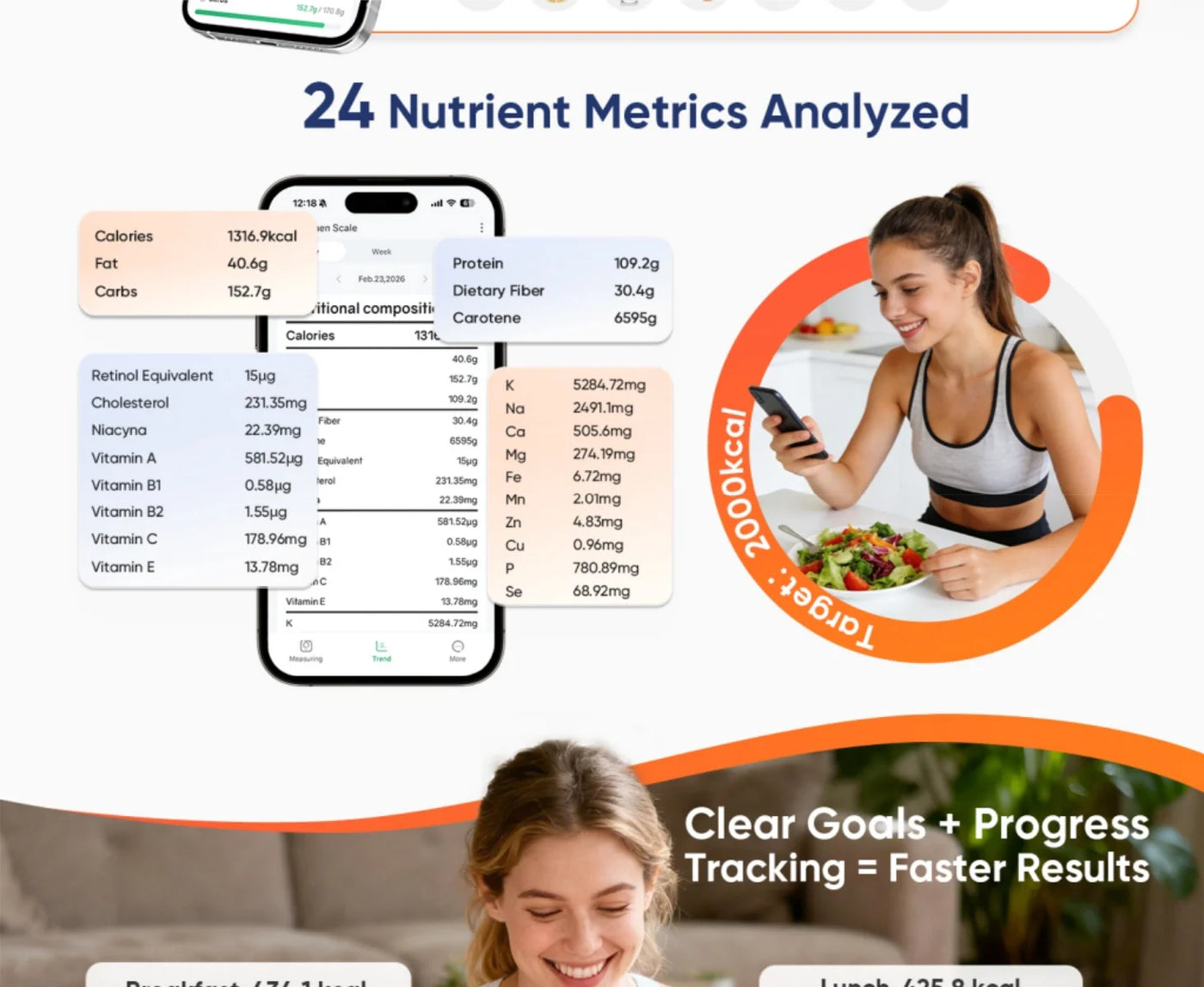 Smart Food Scale with Nutritional Calculator, Free App with 24 Nutrients Tracking, Calorie, Macro, Premium Stainless Steel Digital Food Scale for Meal