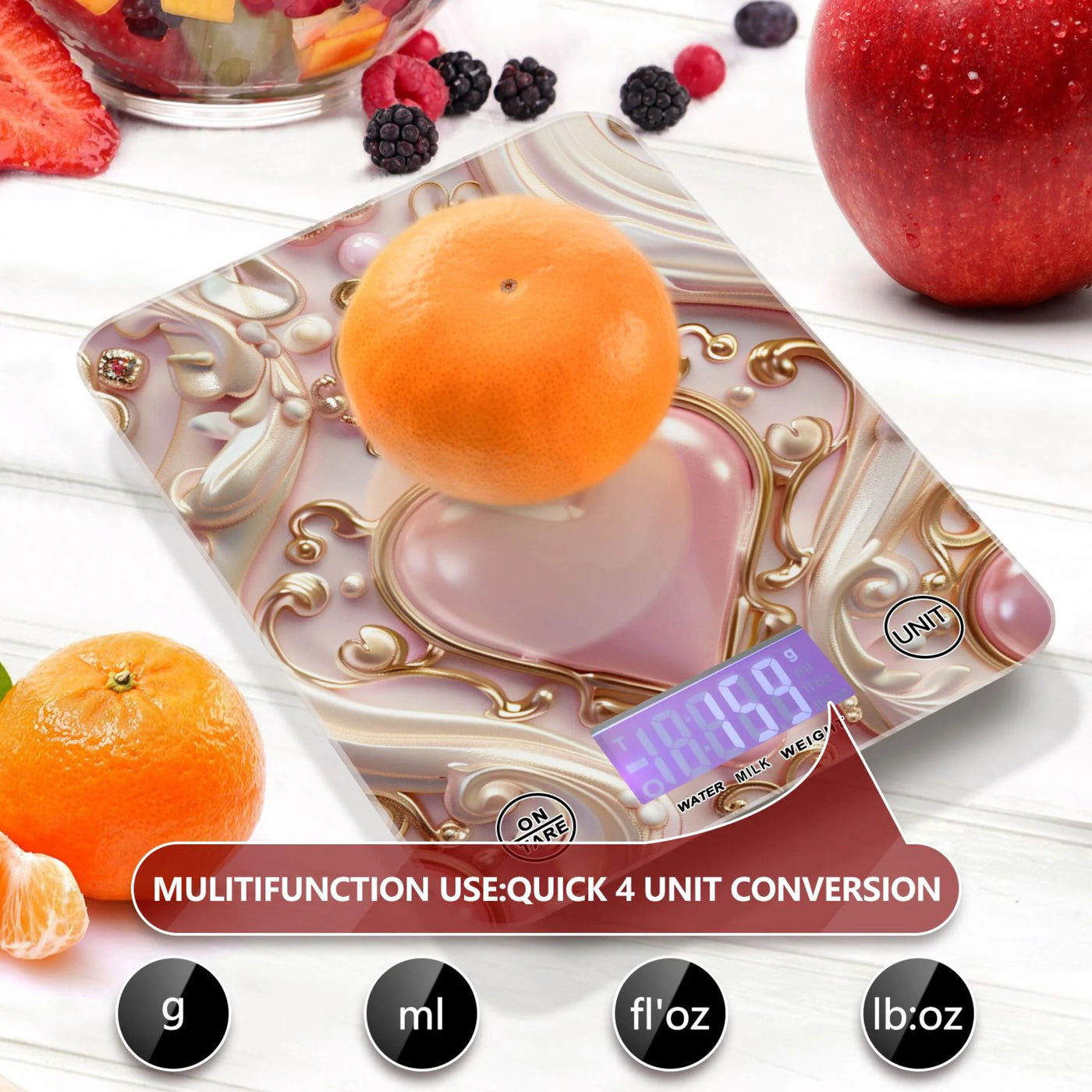3d Hearts and Pearls Food Scale Digital Kitchen Scale Waterproof Tempered Glass Tare Function 11 Lb for Baking Cooking Meal Prep