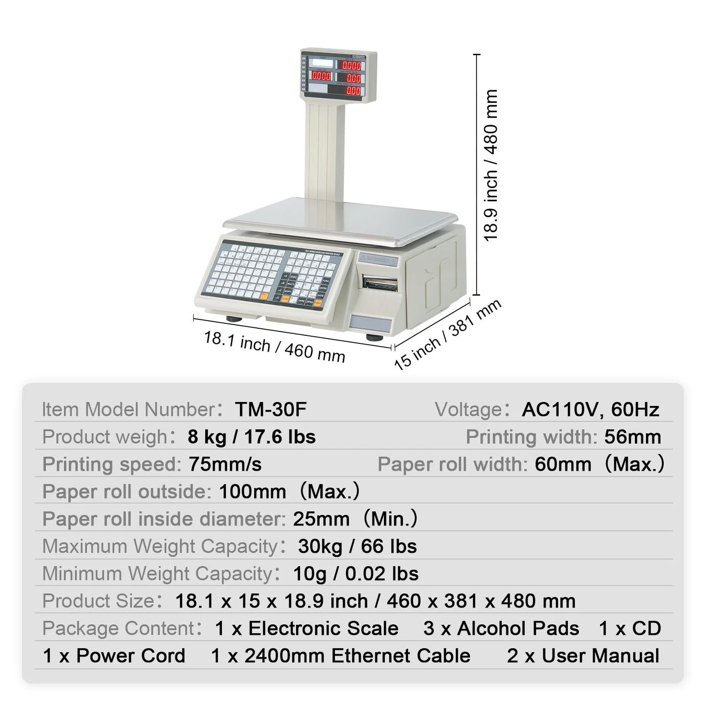Kffkff Electronic Cost Calculation Scale, 66 Lb Digital Grocer Weighing Scales, LCD and LED Digital Commercial Food, Fruit