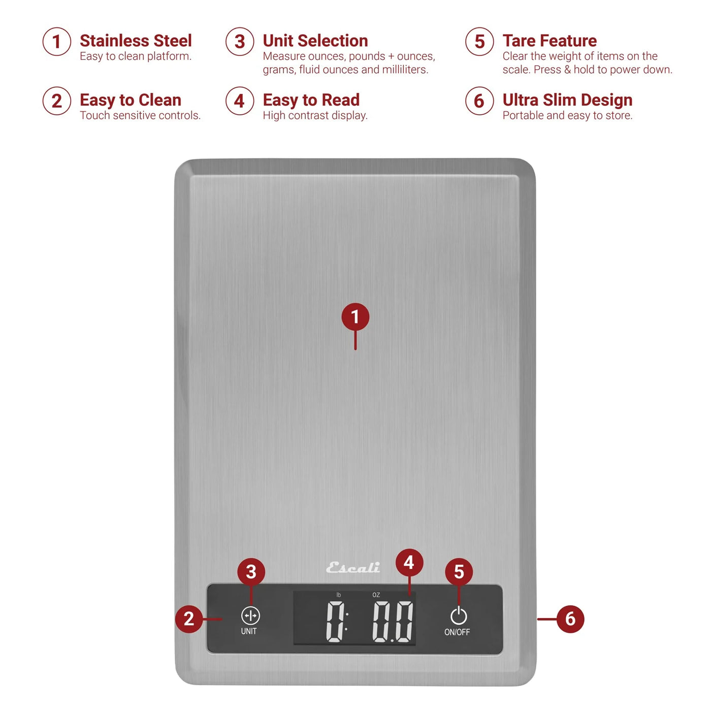 T115s Ultra Thin Kitchen, Office, Herb Scale, Tare Functionality, LCD Digital Display, 11lb Capacity, Silver
