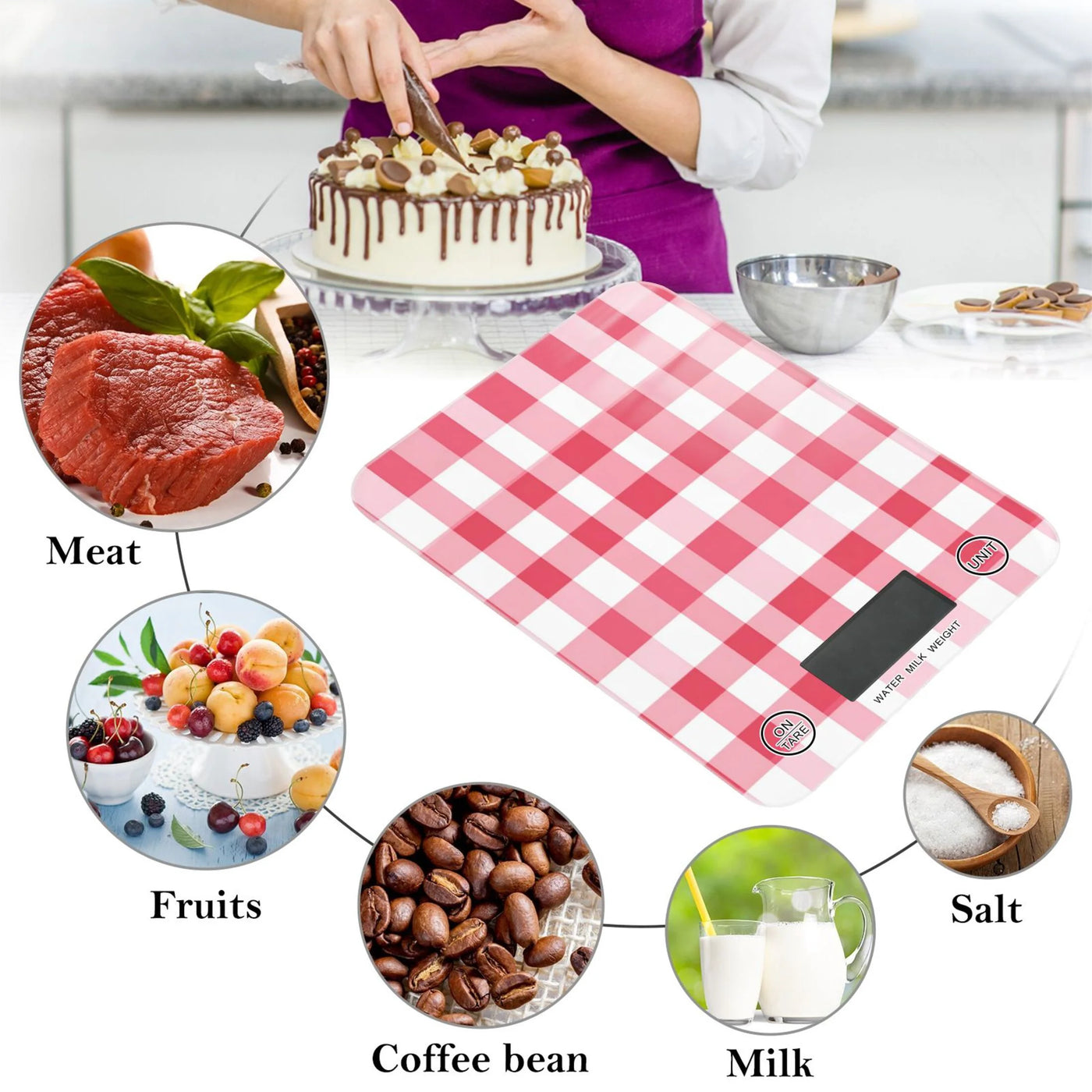 High Precision Digital Kitchen Scale Tempered Glass Food Scale Multifunction Scale Small Kitchen Appliances Pink Checkered Pattern