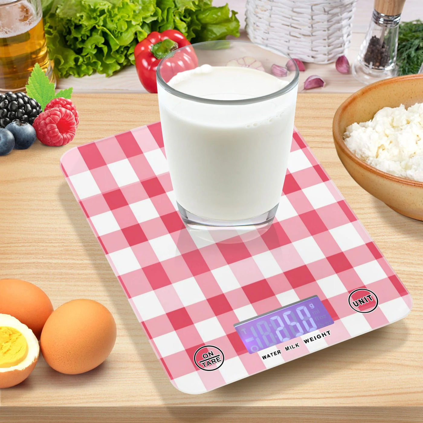 High Precision Digital Kitchen Scale Tempered Glass Food Scale Multifunction Scale Small Kitchen Appliances Pink Checkered Pattern