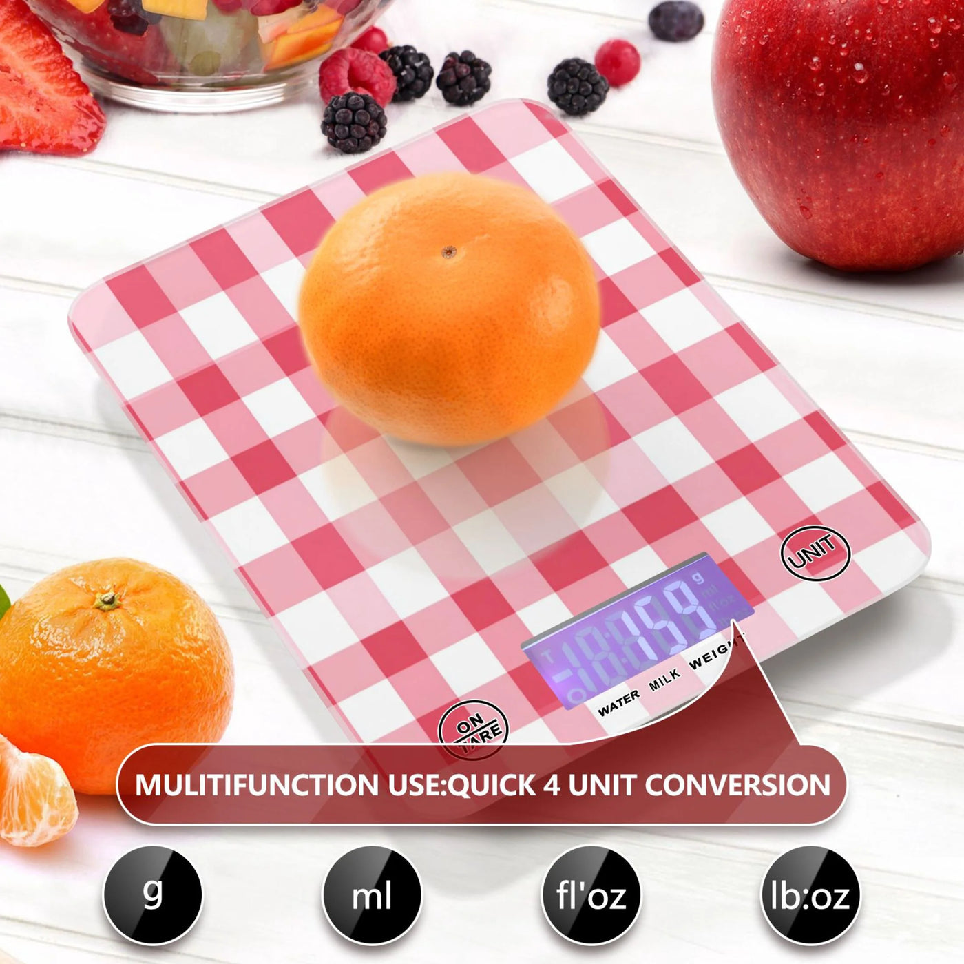 High Precision Digital Kitchen Scale Tempered Glass Food Scale Multifunction Scale Small Kitchen Appliances Pink Checkered Pattern