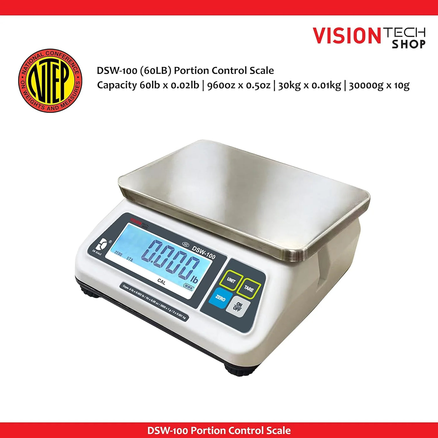 Dsw-100 Portion Food Scale with Single LCD Display, Stainless Steel Platter, 60lb Capacity, 0.02lb Readability, Lb/Oz/Kg/g Switchable