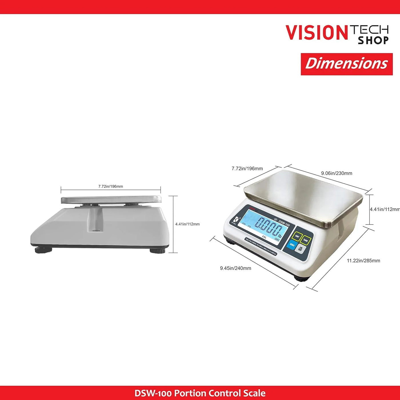 Dsw-100 Portion Food Scale with Single LCD Display, Stainless Steel Platter, 60lb Capacity, 0.02lb Readability, Lb/Oz/Kg/g Switchable