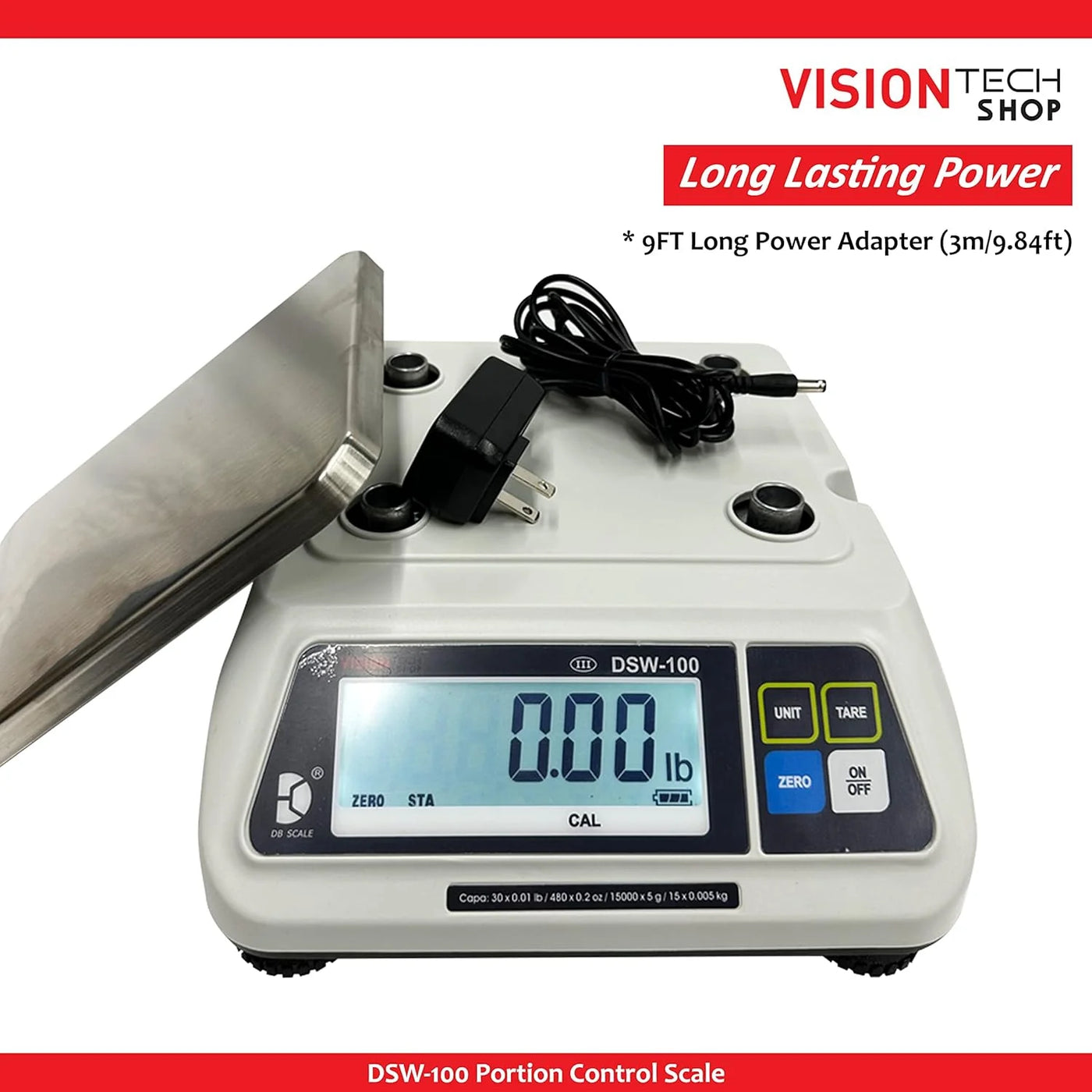 Dsw-100 Portion Food Scale with Single LCD Display, Stainless Steel Platter, 60lb Capacity, 0.02lb Readability, Lb/Oz/Kg/g Switchable