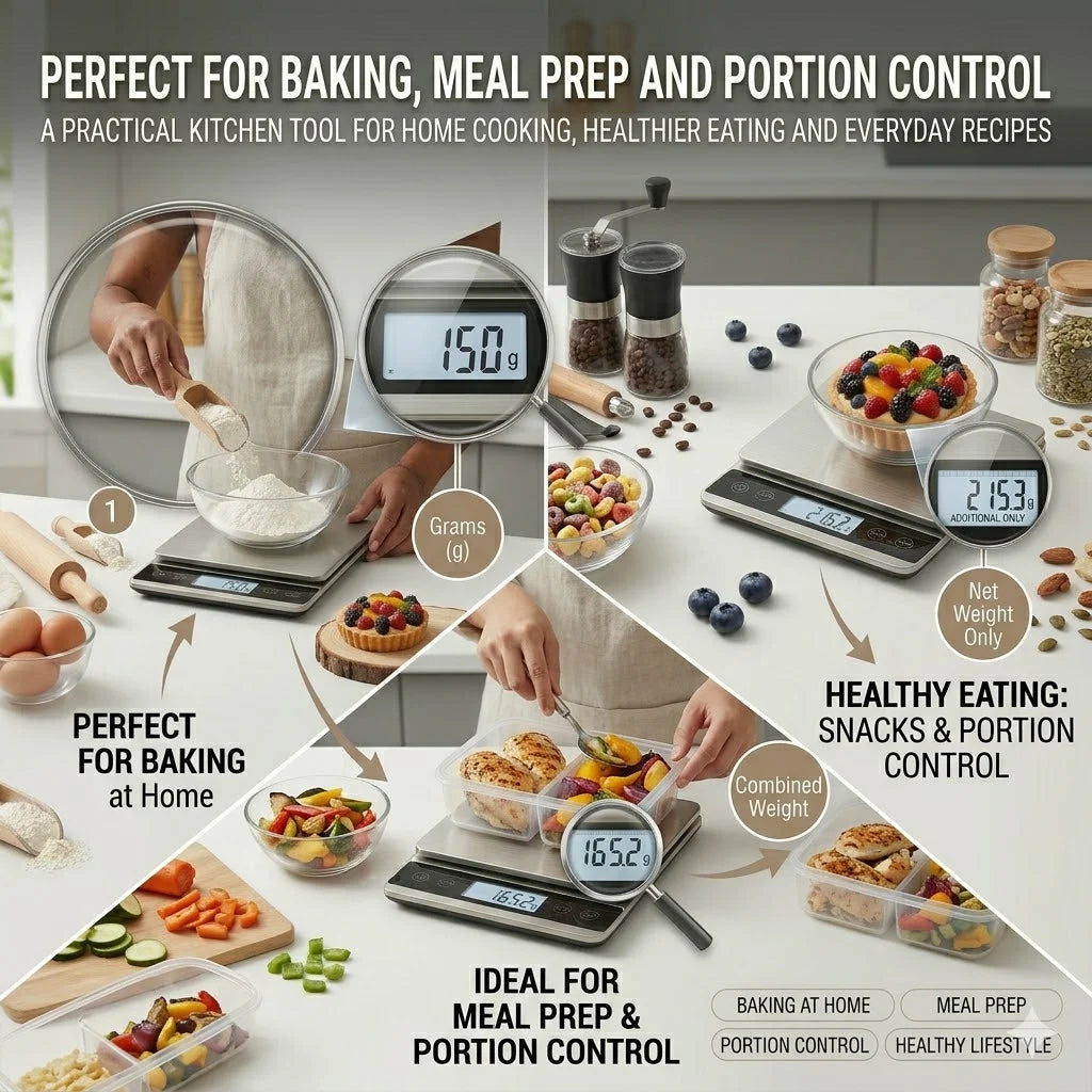 Digital Food Scale, 5kg/11lb Kitchen Scale for Grams and Ounces, 1g/0.05oz Accuracy, Stainless Steel Food Weight Scale with Tare Function, LCD Display
