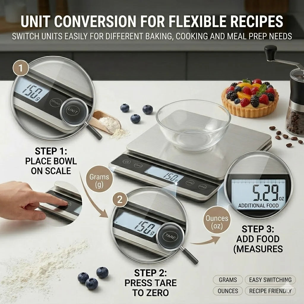 Digital Food Scale, 5kg/11lb Kitchen Scale for Grams and Ounces, 1g/0.05oz Accuracy, Stainless Steel Food Weight Scale with Tare Function, LCD Display