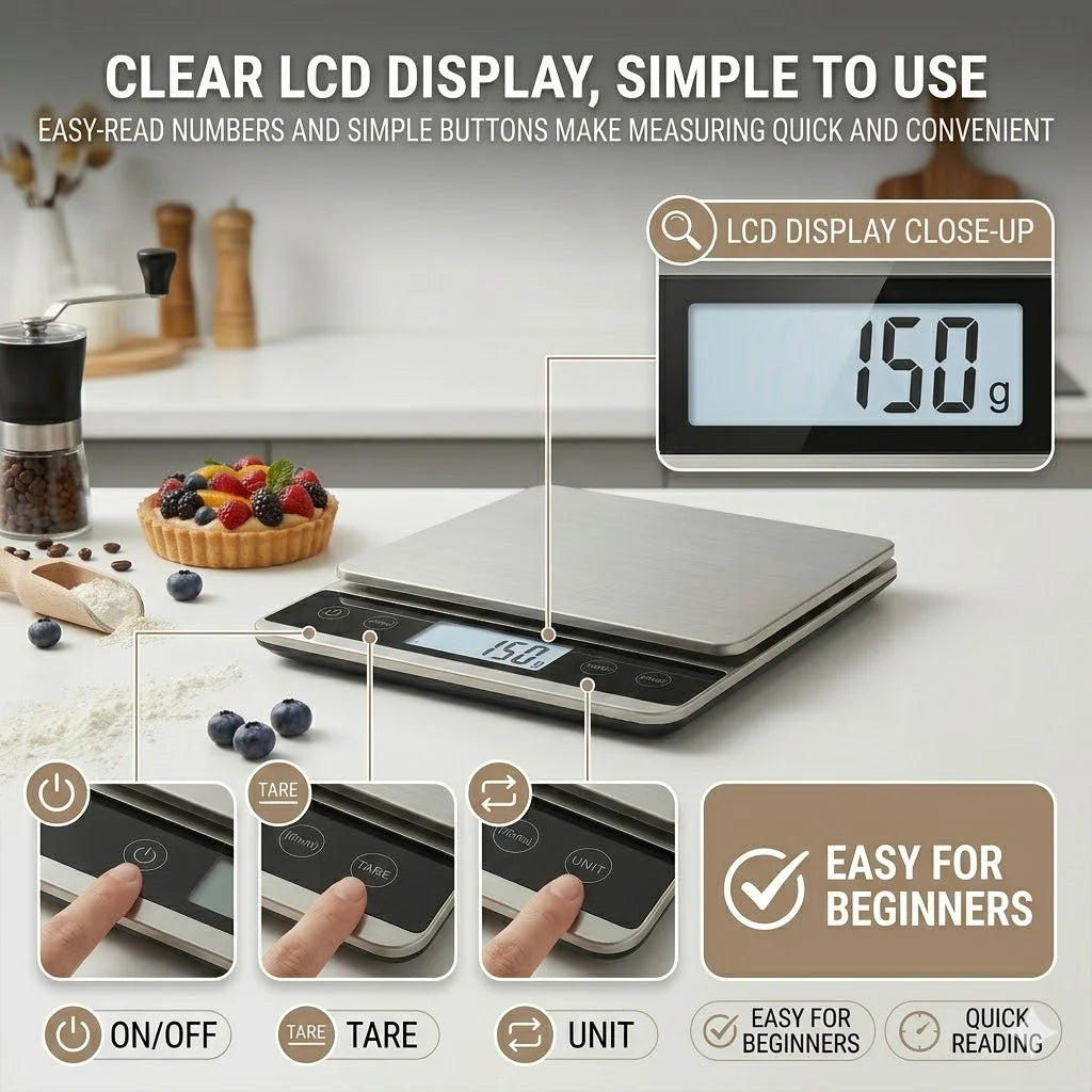 Digital Food Scale, 5kg/11lb Kitchen Scale for Grams and Ounces, 1g/0.05oz Accuracy, Stainless Steel Food Weight Scale with Tare Function, LCD Display