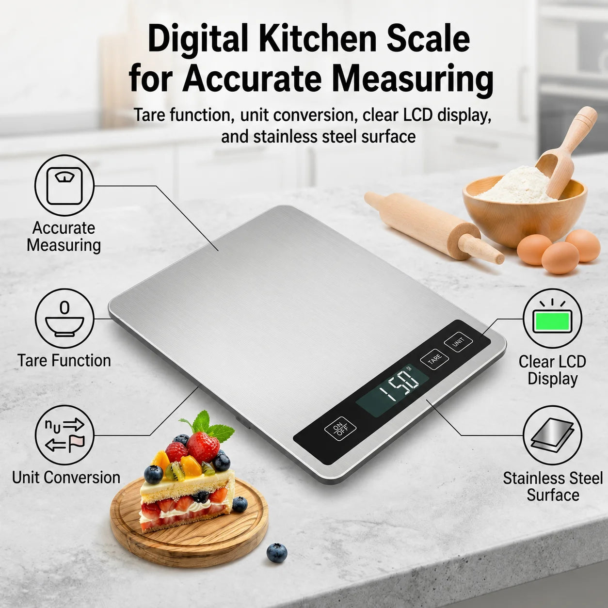 Digital Food Scale, 5kg/11lb Kitchen Scale for Grams and Ounces, 1g/0.05oz Accuracy, Stainless Steel Food Weight Scale with Tare Function, LCD Display