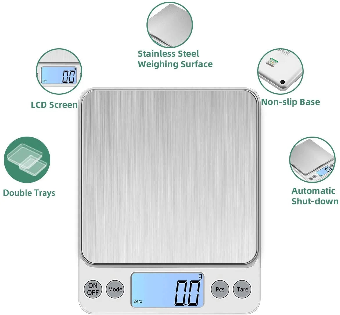 Digital Food Scale, 3000g/0.1g Digital Scale, Gram Scale with 2 Trays for Cooking and Baking, Coffee Scale with Back-lit LCD Display 6 Units, Auto Off