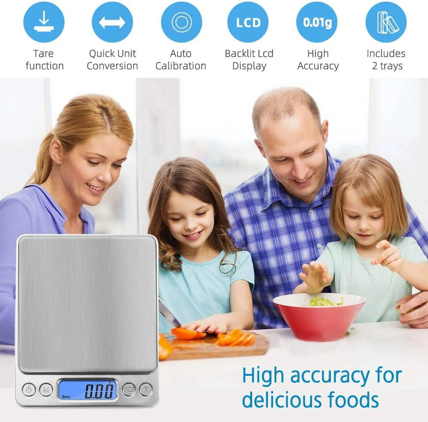 Digital Food Scale, 3000g/0.1g Digital Scale, Gram Scale with 2 Trays for Cooking and Baking, Coffee Scale with Back-lit LCD Display 6 Units, Auto Off