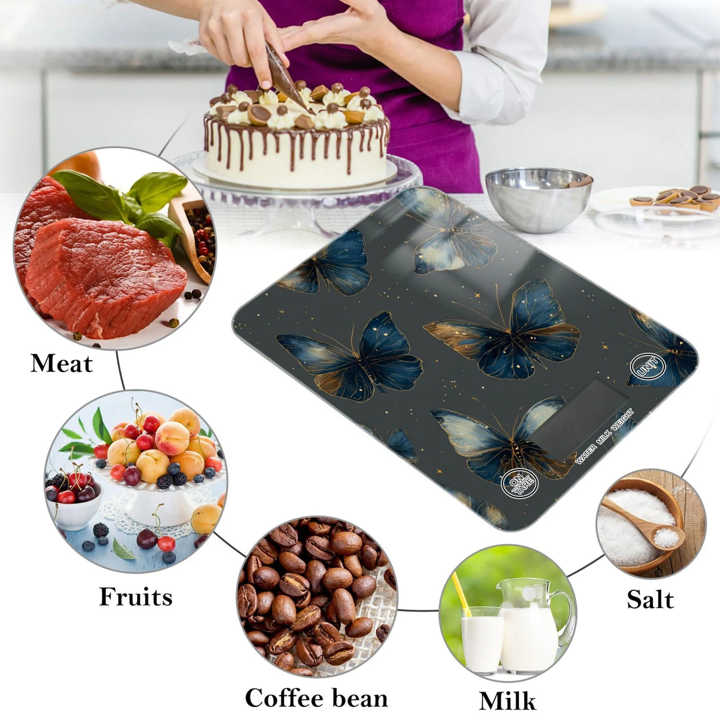 High Precision Digital Kitchen Scale Tempered Glass Food Scale Multifunction Scale Small Kitchen Appliances Brown-blue Butterfly Pattern