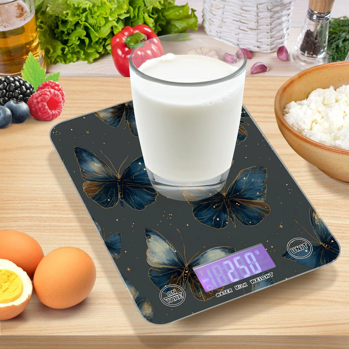 High Precision Digital Kitchen Scale Tempered Glass Food Scale Multifunction Scale Small Kitchen Appliances Brown-blue Butterfly Pattern