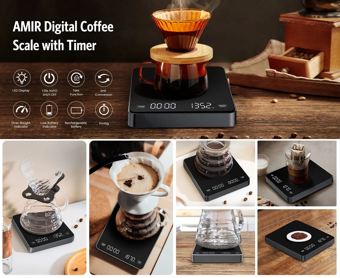 Digital Scale, Amir 3kg/0.1g Coffee Scale Rechargeable Pour-over Digital Coffee Scale with Touch Sensor LED Display Precise Scale for Kitchen Home