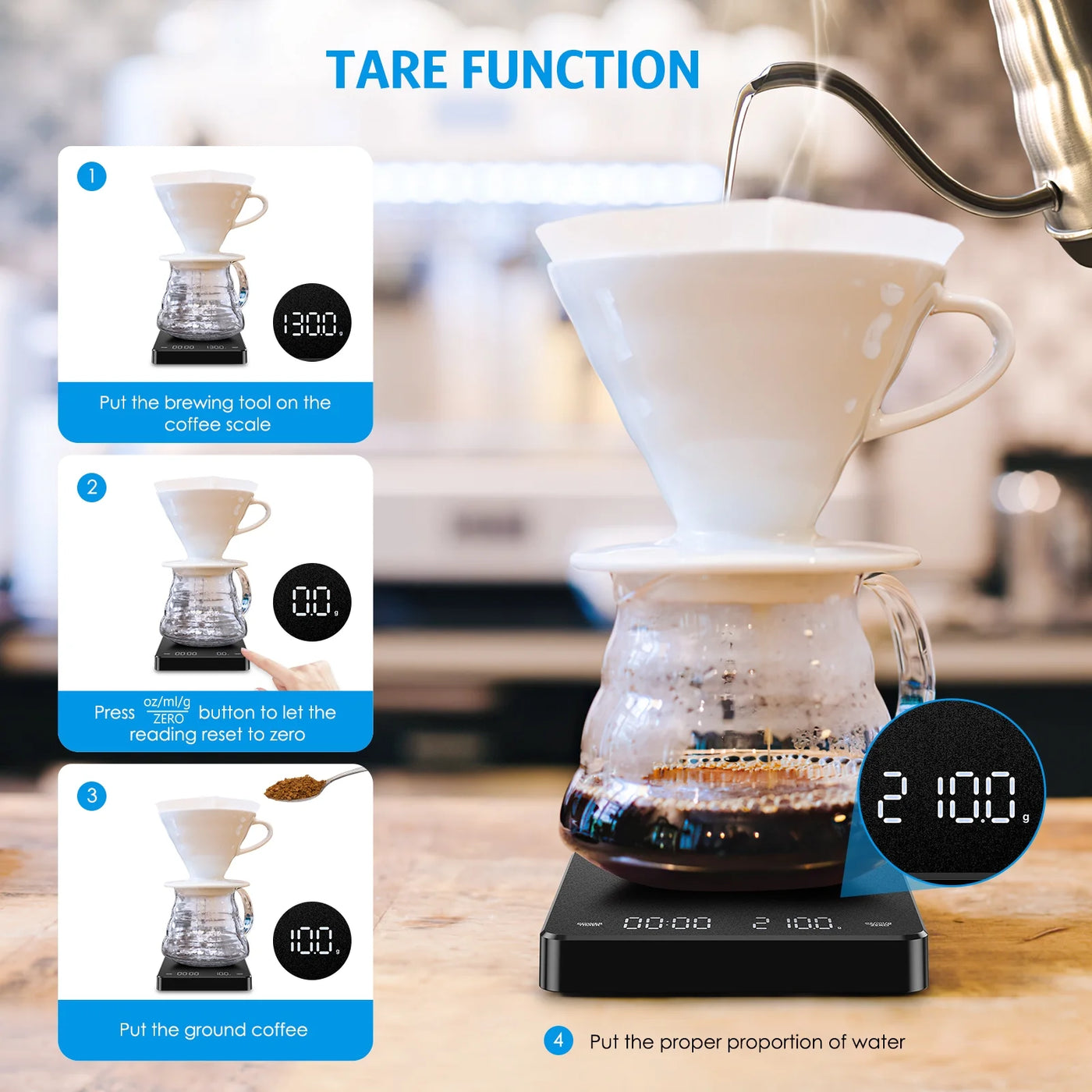 Digital Scale, Amir 3kg/0.1g Coffee Scale Rechargeable Pour-over Digital Coffee Scale with Touch Sensor LED Display Precise Scale for Kitchen Home