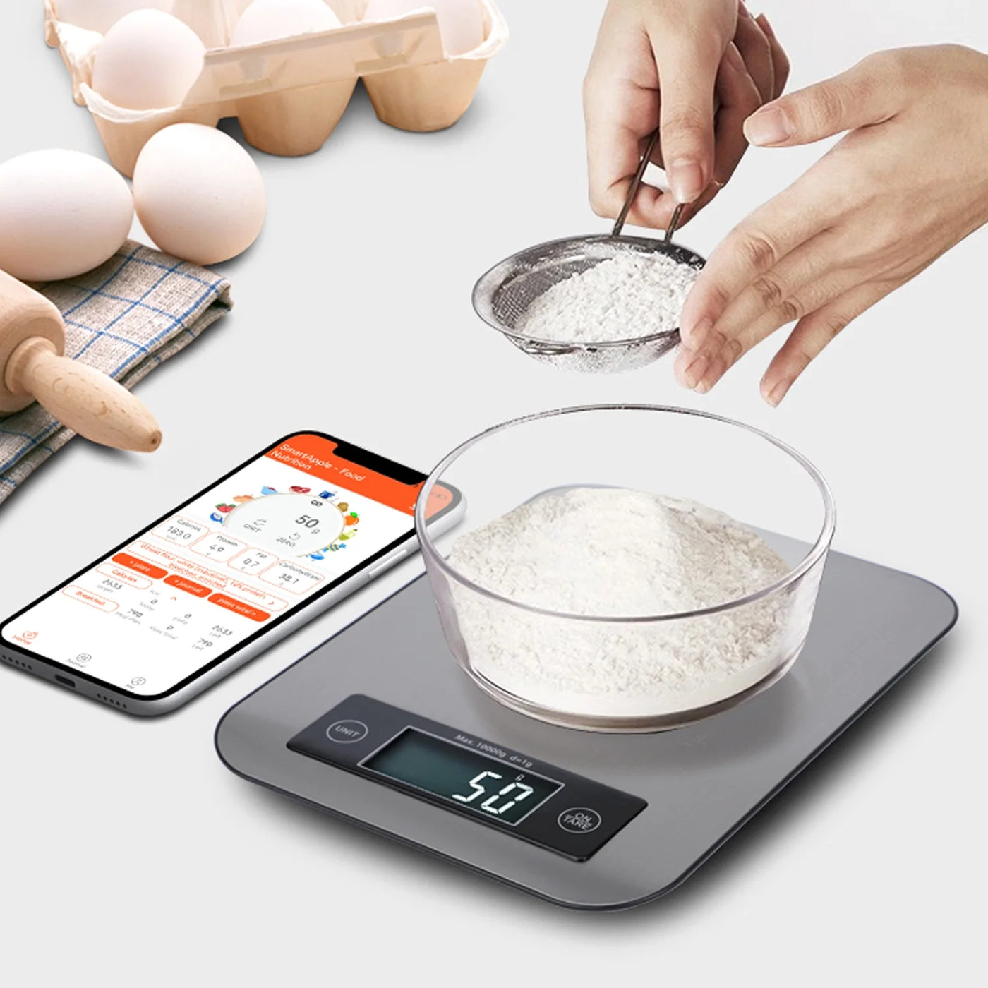 Digital Kitchen Scale with App, Bluetooth Smart Food Weight Scale, Stainless Steel, Metal, 11lbs/5kg