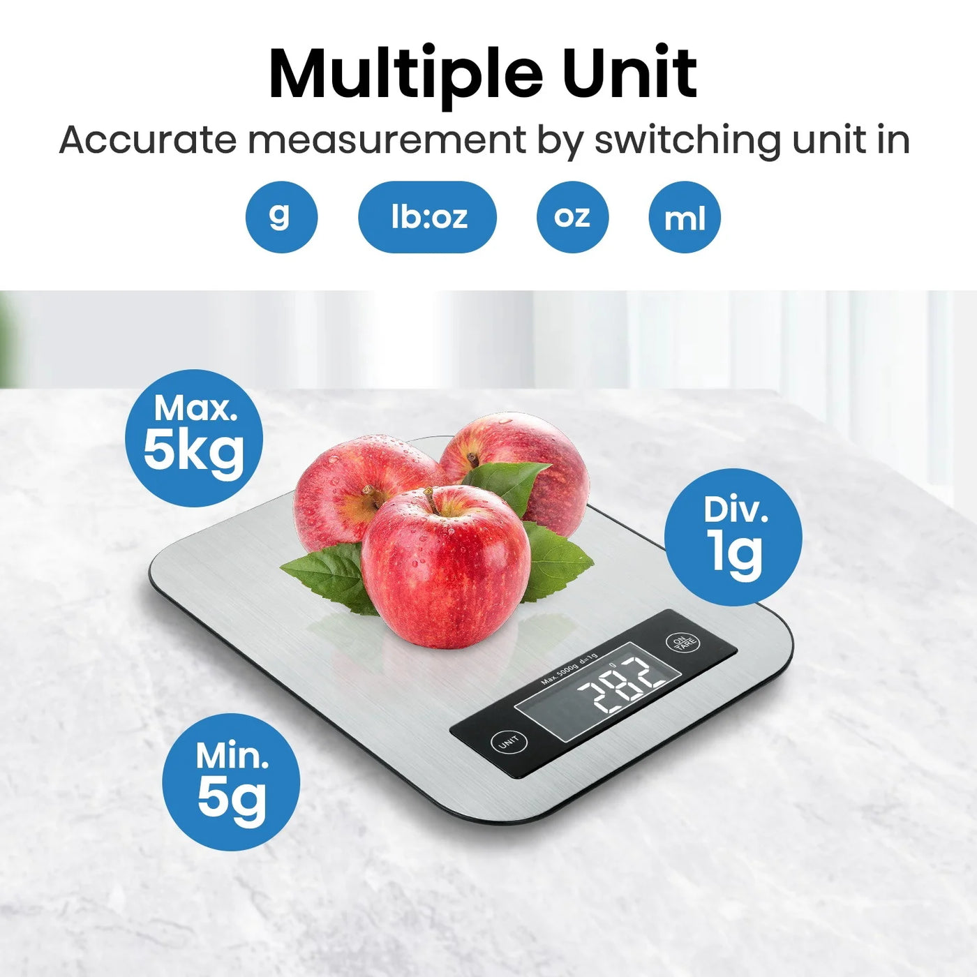 Digital Kitchen Scale with App, Bluetooth Smart Food Weight Scale, Stainless Steel, Metal, 11lbs/5kg