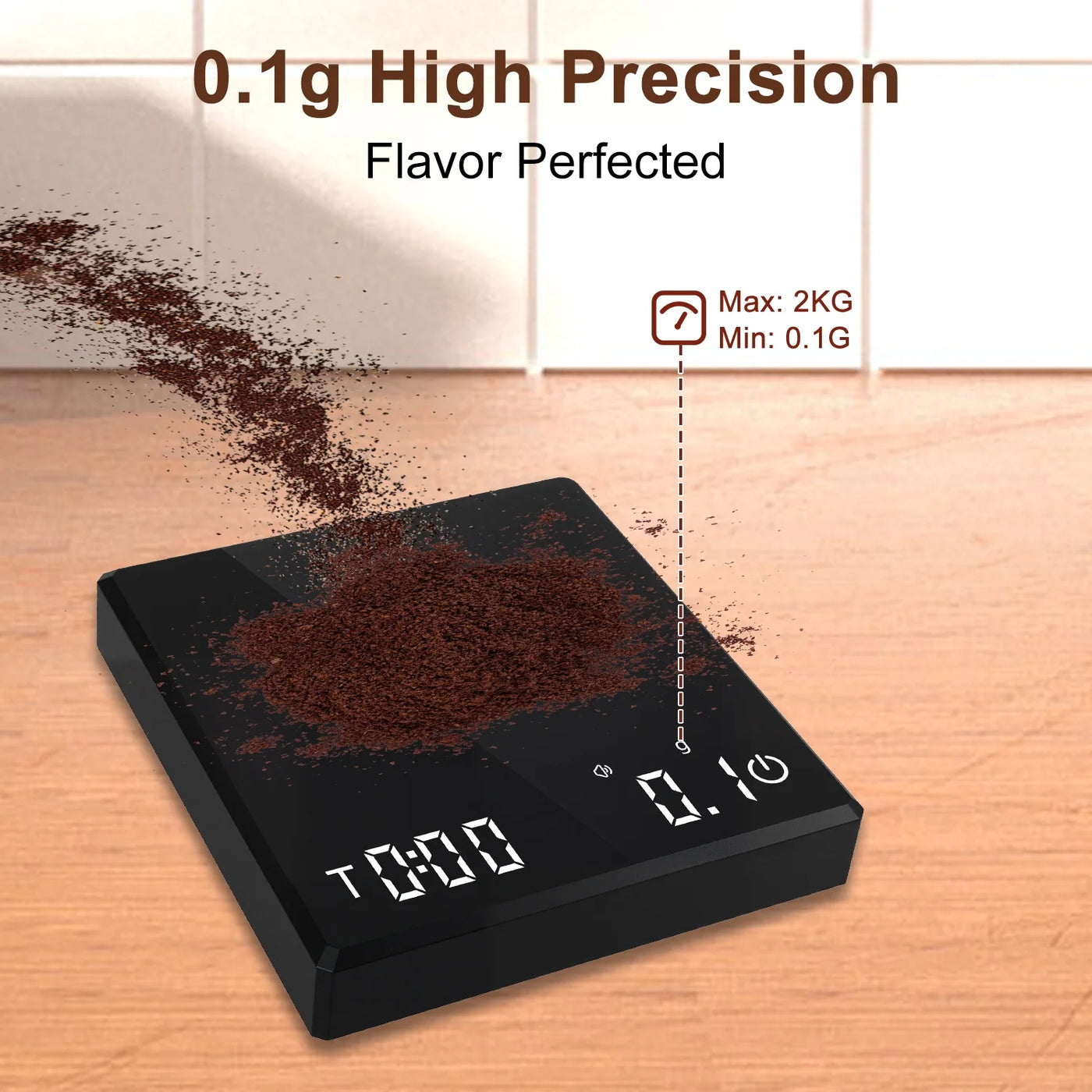 Coffee Scale with Timer, 2kg/0.1g Precision Digital Coffee Scale, USB Rechargeable, for Accurate Kitchen, Food and Portion Weighing