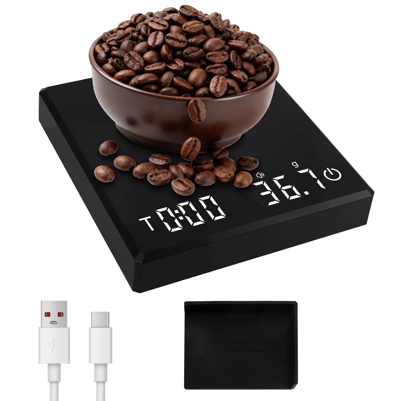 Coffee Scale with Timer, 2kg/0.1g Precision Digital Coffee Scale, USB Rechargeable, for Accurate Kitchen, Food and Portion Weighing