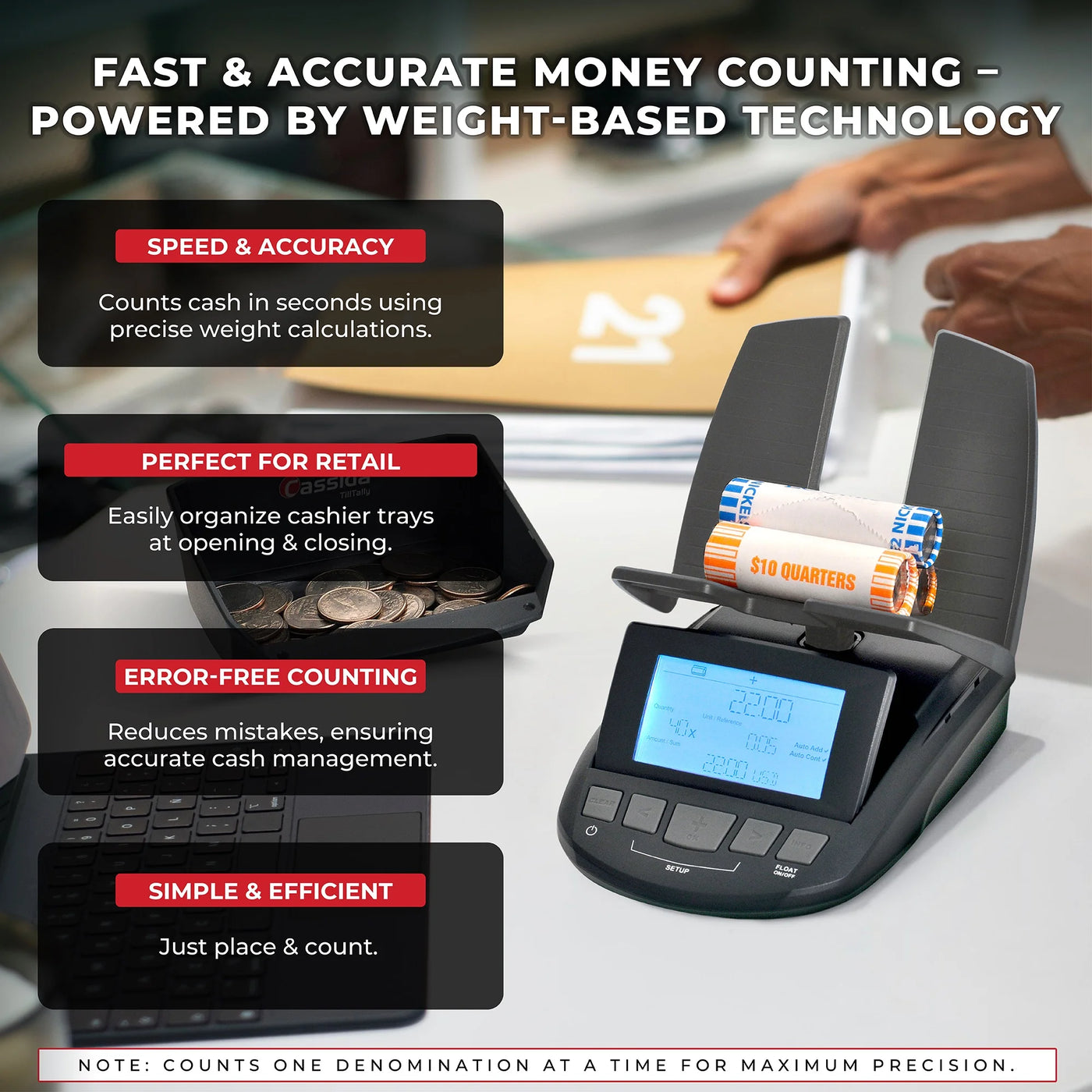 Cassida Tilltally Hybrid Bill and Coin Counting Scale, for Accurate Kitchen, Food and Portion Weighing