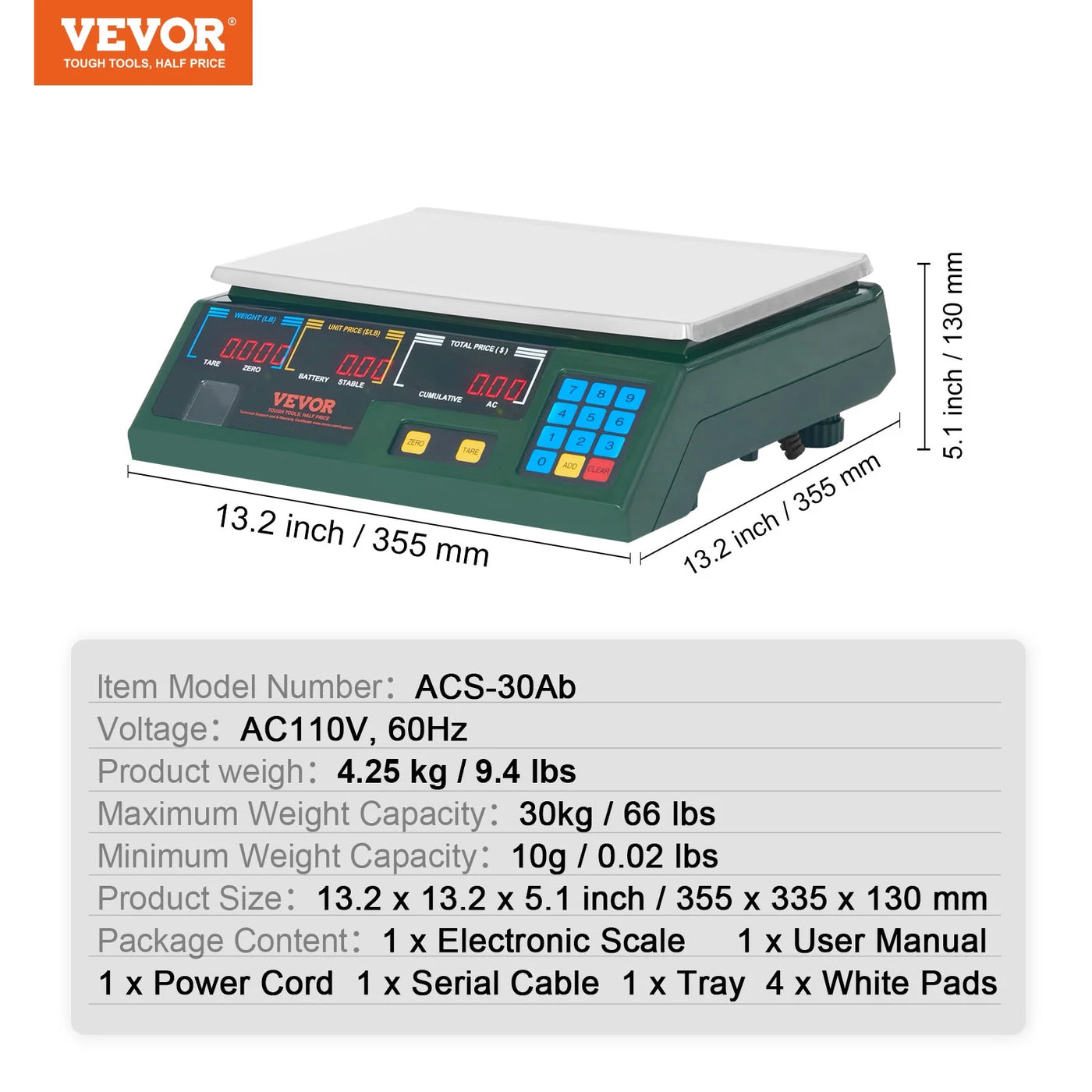 Electronic Price Computing Scale, 66 Lb Digital Deli Weight Scales, LED Digital Commercial Food Fruit Meat Produce Counting Weight