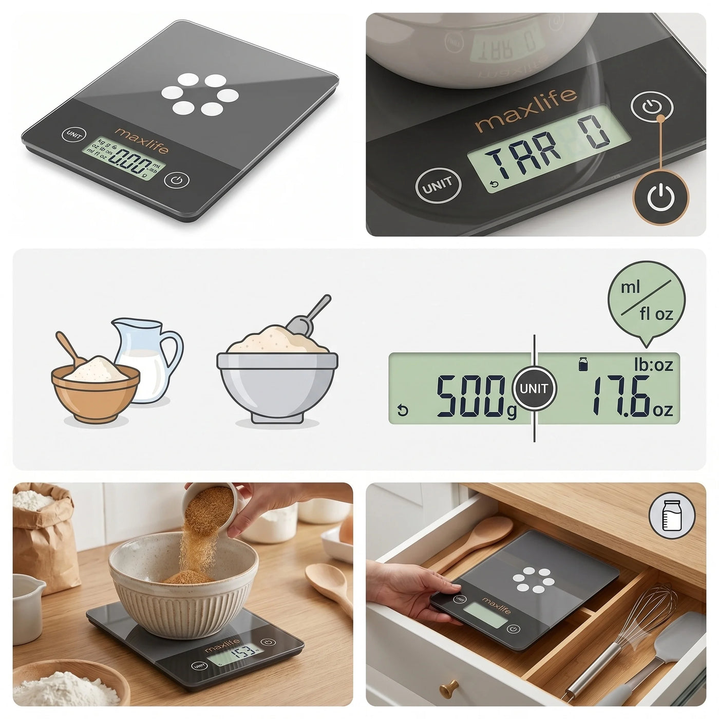 Max Life Digital Scale -tempered Glass, High Accuracy, Tare, Multi-unit Measurement Kitchen Scale, for Accurate Kitchen, Food and Portion Weighing