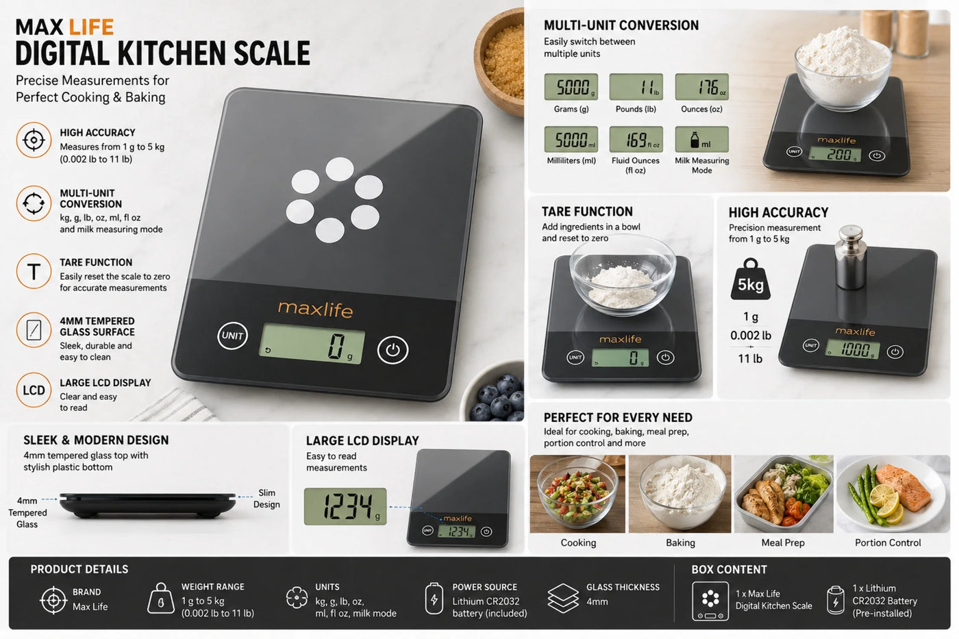 Max Life Digital Scale -tempered Glass, High Accuracy, Tare, Multi-unit Measurement Kitchen Scale, for Accurate Kitchen, Food and Portion Weighing