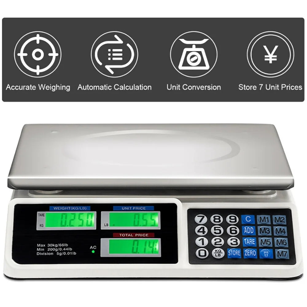 66 Lbs Electronic Price Computing Scale with LCD Screen Display, Commercial Food Meat Weight Scale, for Accurate Kitchen, Food and Portion Weighing