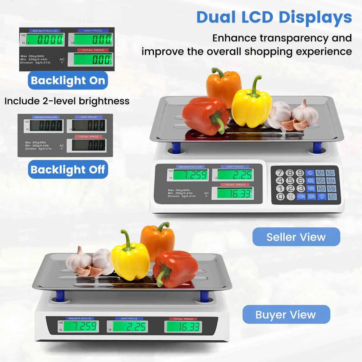 66lb Price Computing Scale with Dual LCD Displays and Rechargeable Battery, for Accurate Kitchen, Food and Portion Weighing