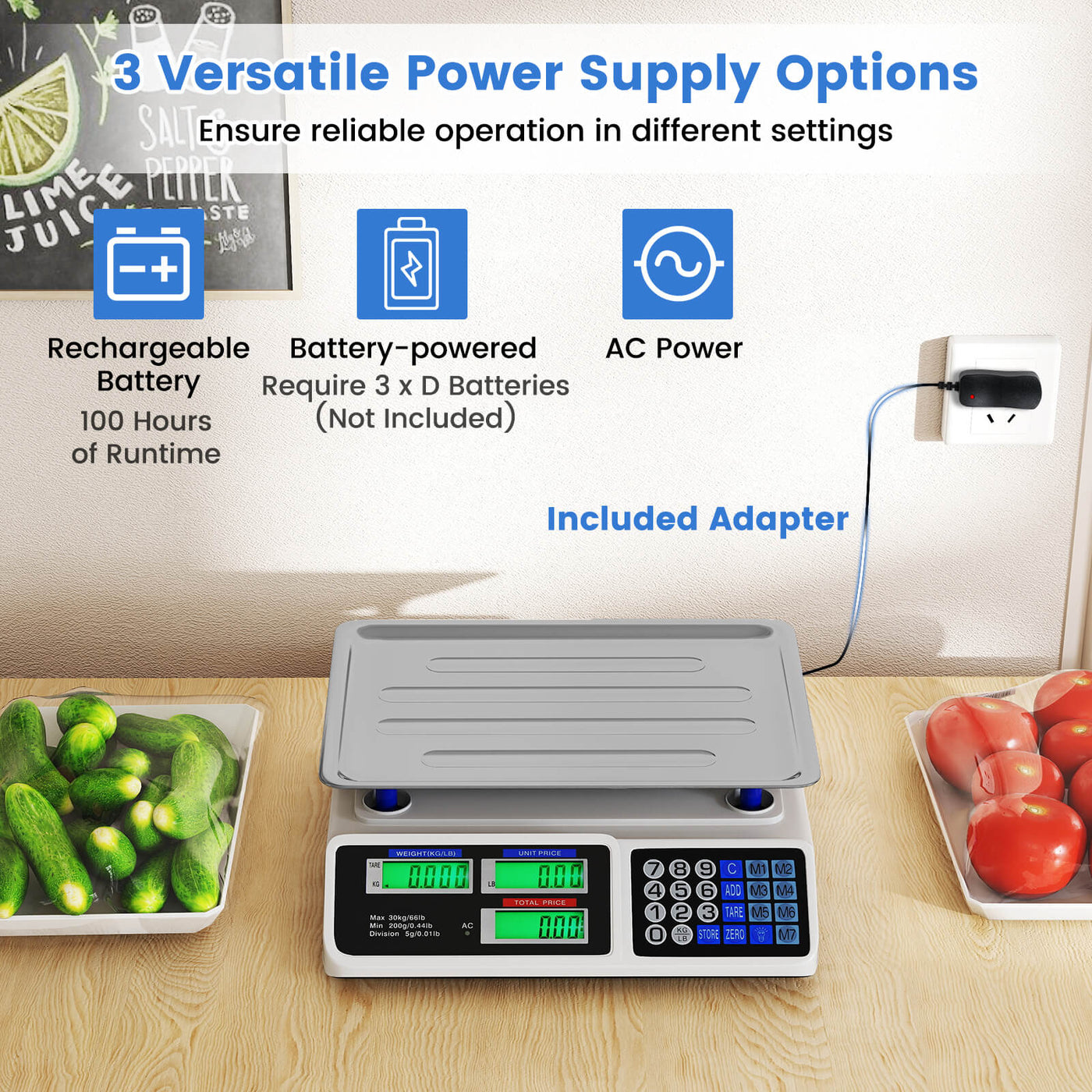 66lb Price Computing Scale with Dual LCD Displays and Rechargeable Battery, for Accurate Kitchen, Food and Portion Weighing