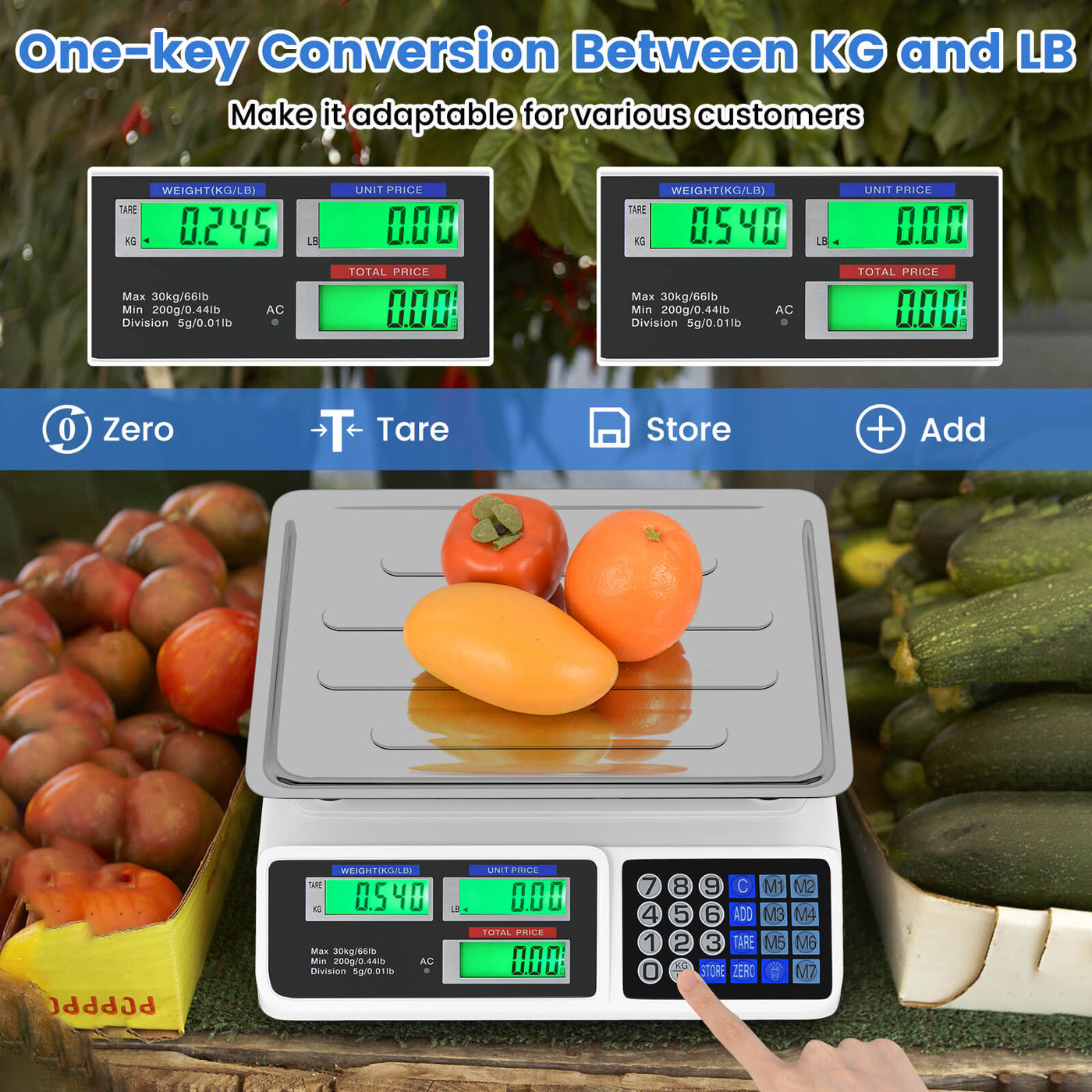 66lb Price Computing Scale with Dual LCD Displays and Rechargeable Battery, for Accurate Kitchen, Food and Portion Weighing