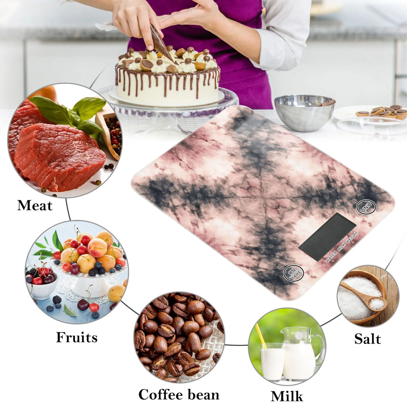 High Precision Digital Kitchen Scale Tempered Glass Food Scale Multifunction Scale Small Kitchen Appliances Soft Pink Tie-dye Pattern