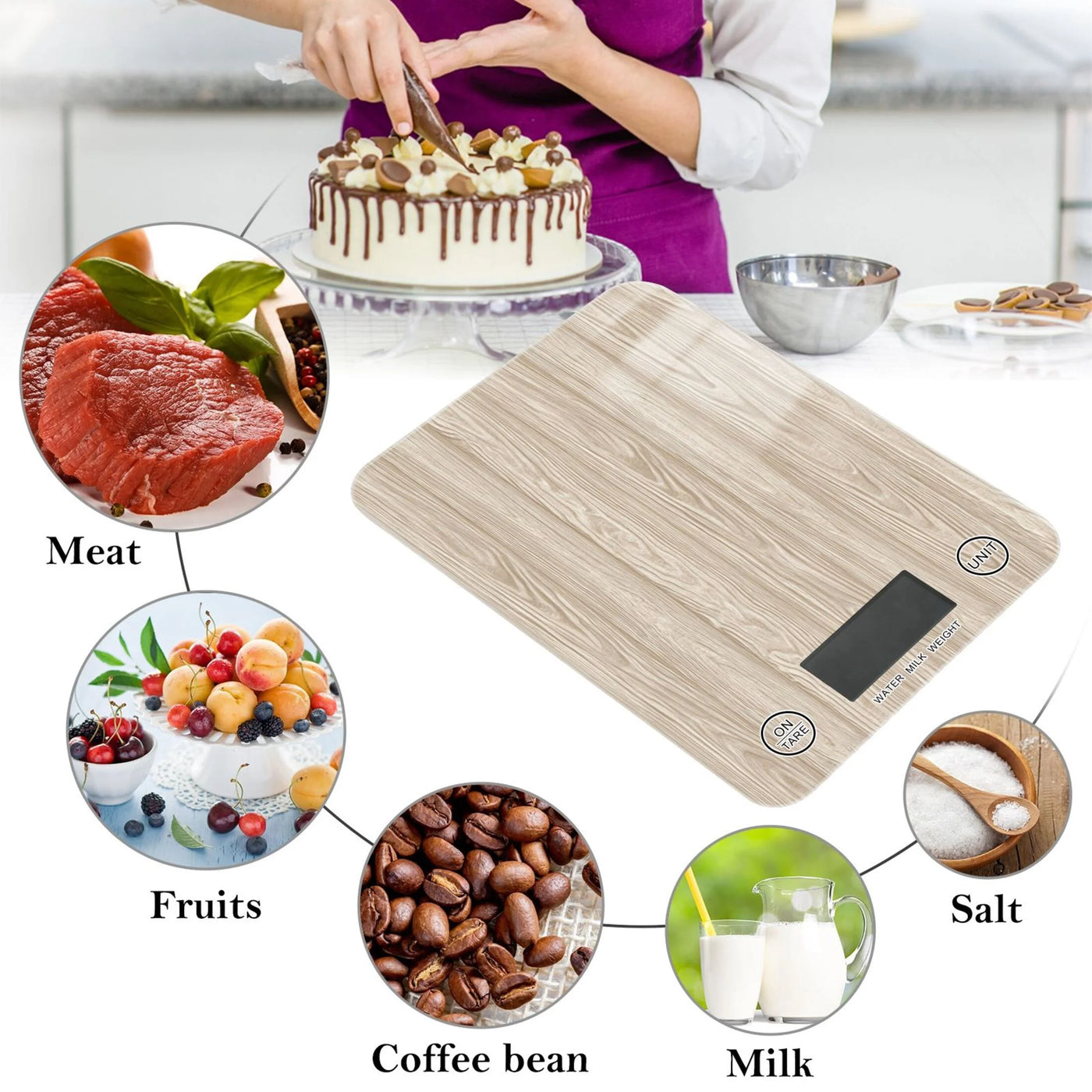 High Precision Digital Kitchen Scale Tempered Glass Food Scale Multifunction Scale Small Kitchen Appliances Beige Wood Grain Pattern