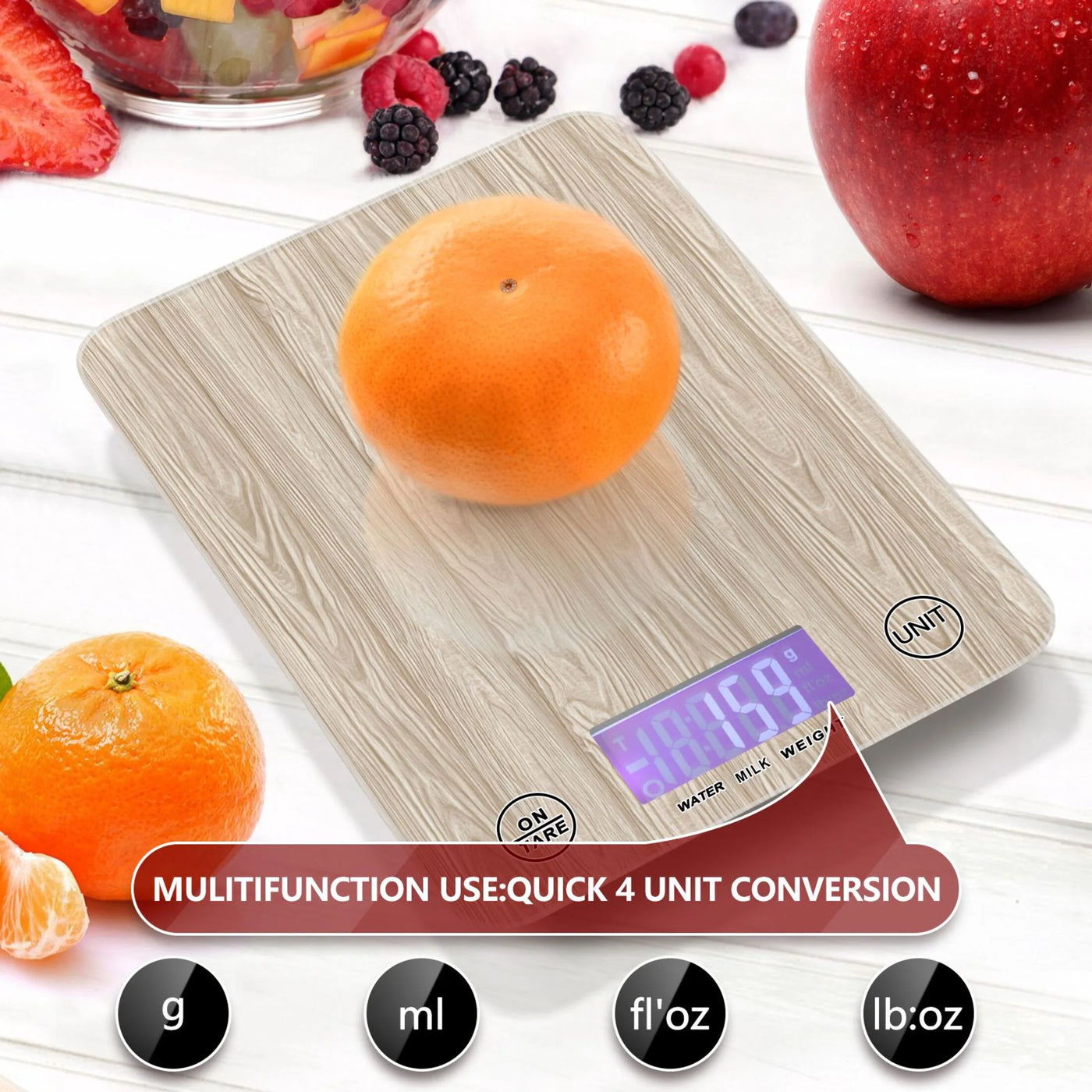 High Precision Digital Kitchen Scale Tempered Glass Food Scale Multifunction Scale Small Kitchen Appliances Beige Wood Grain Pattern