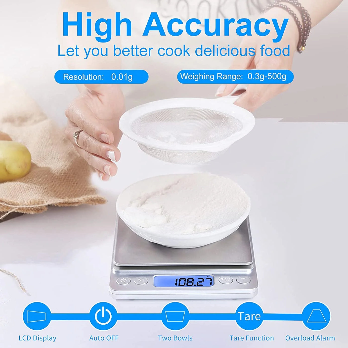 Gram Scale Small Digital Food Scale, 500g By 0.01Gram/0.001Ounce, Accurate Weighting, Multifunction Kitchen Scale for Jewelry/Baking/Soap, 9 Units